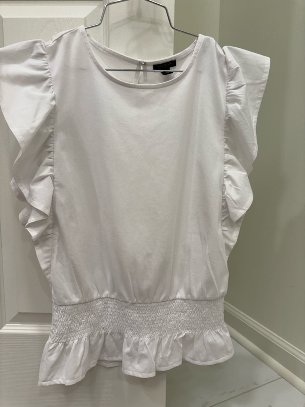 Ann Taylor White Ruffle Sleeve Smocked-Waist Women's Top